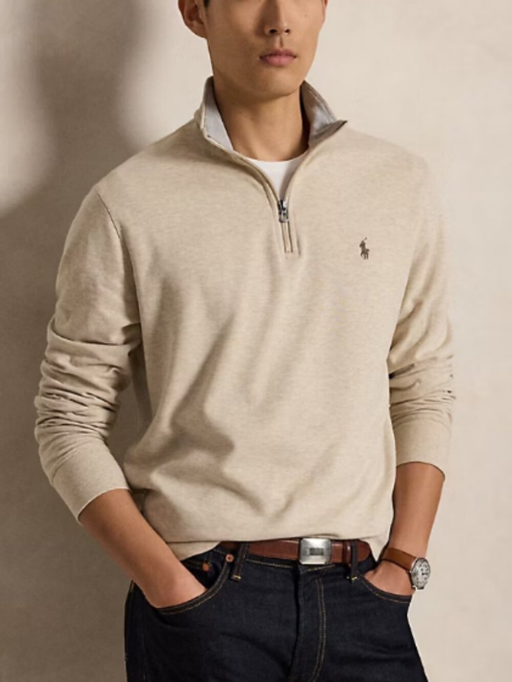 Ralph Lauren Luxury Jersey Quarter-Zip Pullover Dune Oatmeal Heather EB3